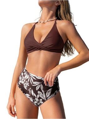 Cupshe
Women's Brown Halter Wrapped Bikini Top & Floral High-Rise Bottoms Set